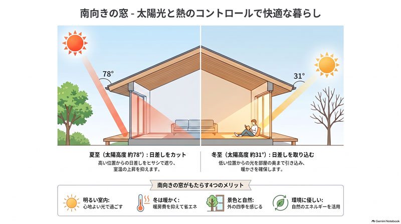 南向き窓とヒサシの日射遮蔽イメージ図（夏至・冬至の太陽高度比較）